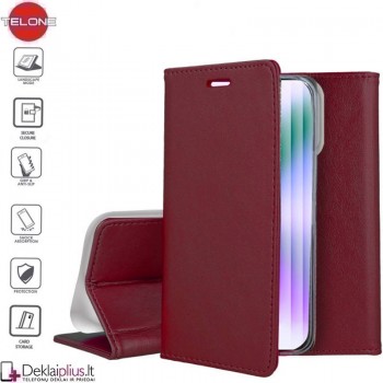 Telone dirbtinos odos atverčiamas dėklas - bordo spalvos (Apple Iphone 14 Pro)